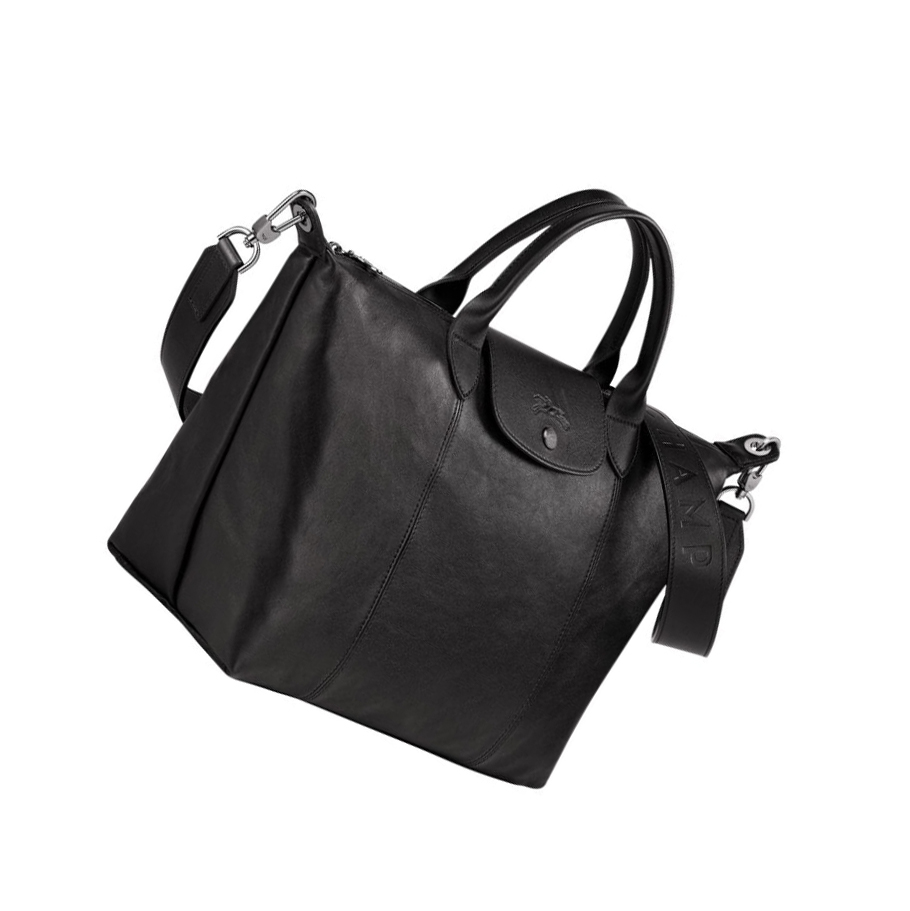 Longchamp Le Pliage Cuir M Handtasche Damen Schwarz | DE-DCN5482