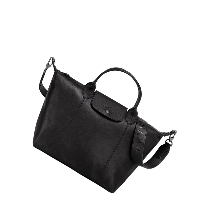 Longchamp Le Pliage Cuir M Handtasche Damen Schwarz | DE-DCN5482