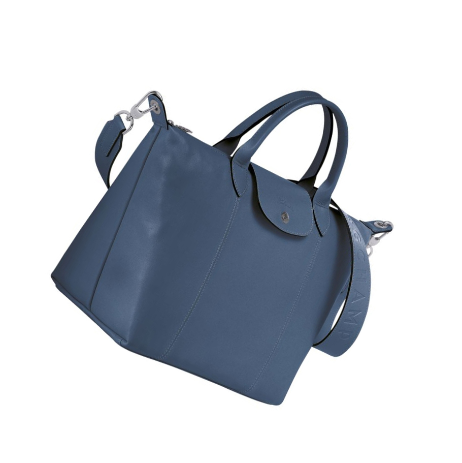 Longchamp Le Pliage Cuir M Handtasche Damen Blau | DE-PDL6514