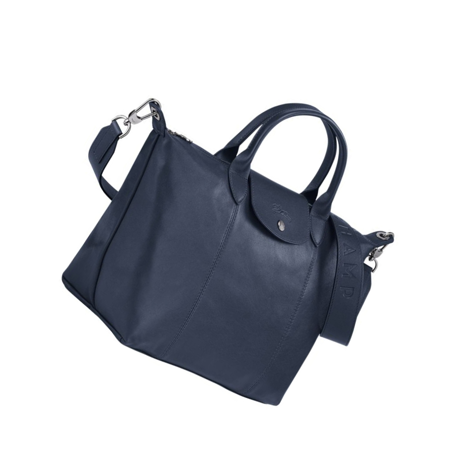 Longchamp Le Pliage Cuir M Handtasche Damen Navy | DE-UYH1572