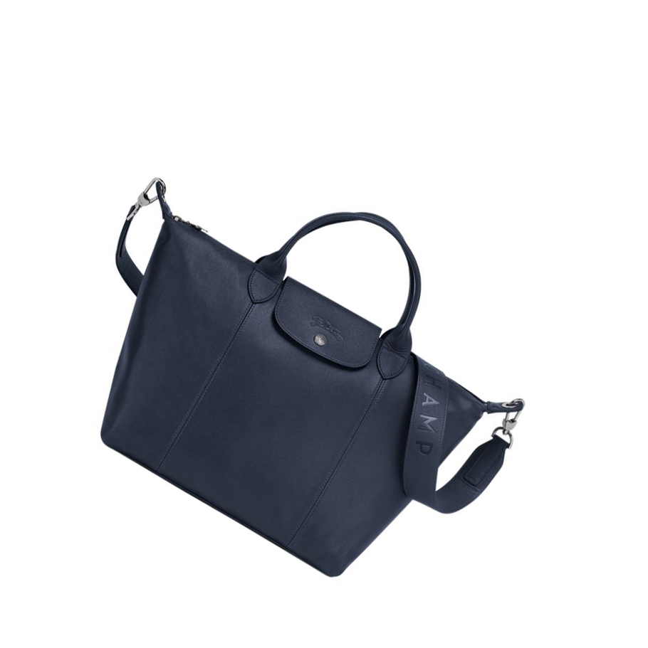 Longchamp Le Pliage Cuir M Handtasche Damen Navy | DE-UYH1572